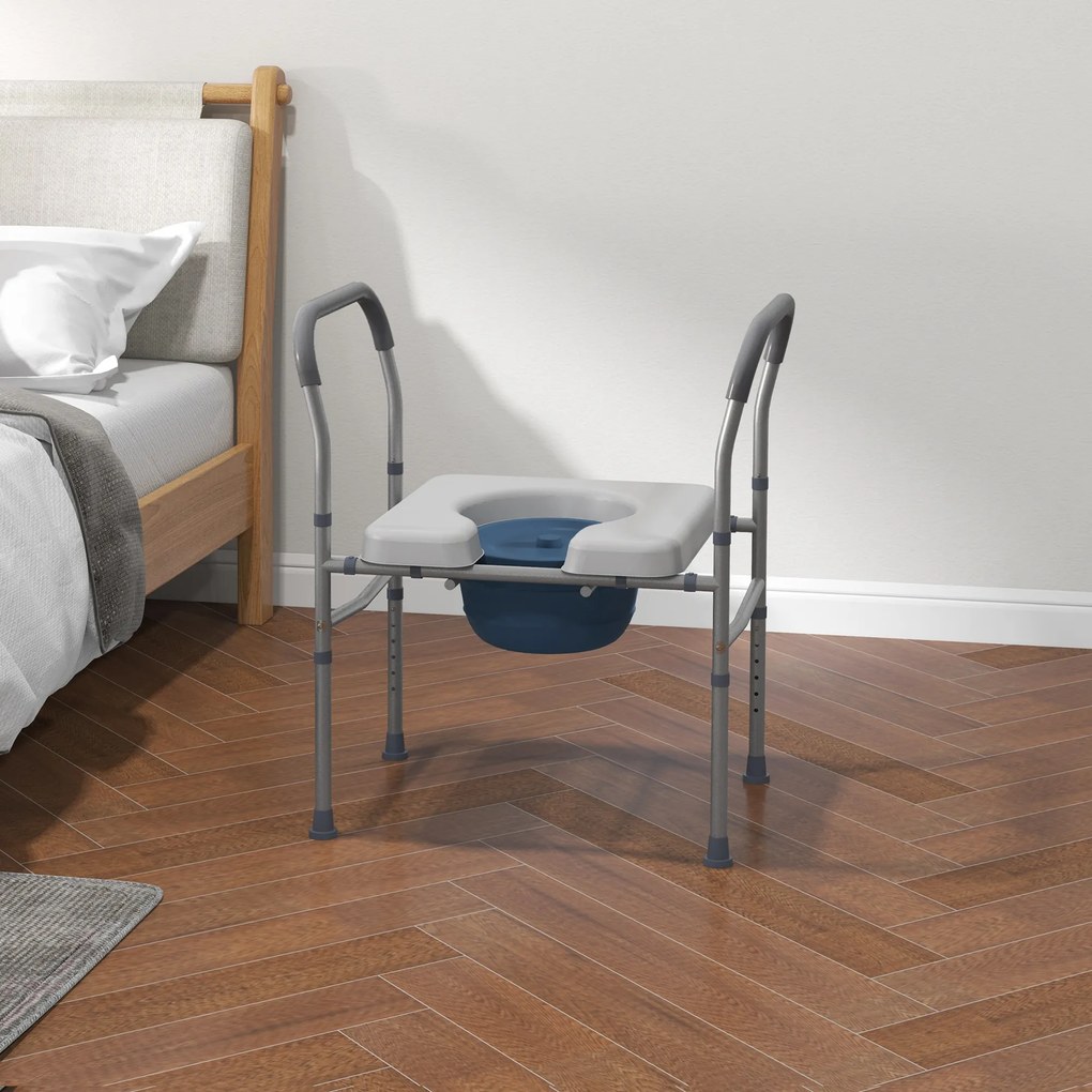 HOMCOM Scaun cu Vas de Toaletă pentru Vârstnici, Scaun de Toaletă Multifuncțional 4-În-1 cu Înălțime Reglabilă, 64x53x70-82 cm, Gri | Aosom Romania