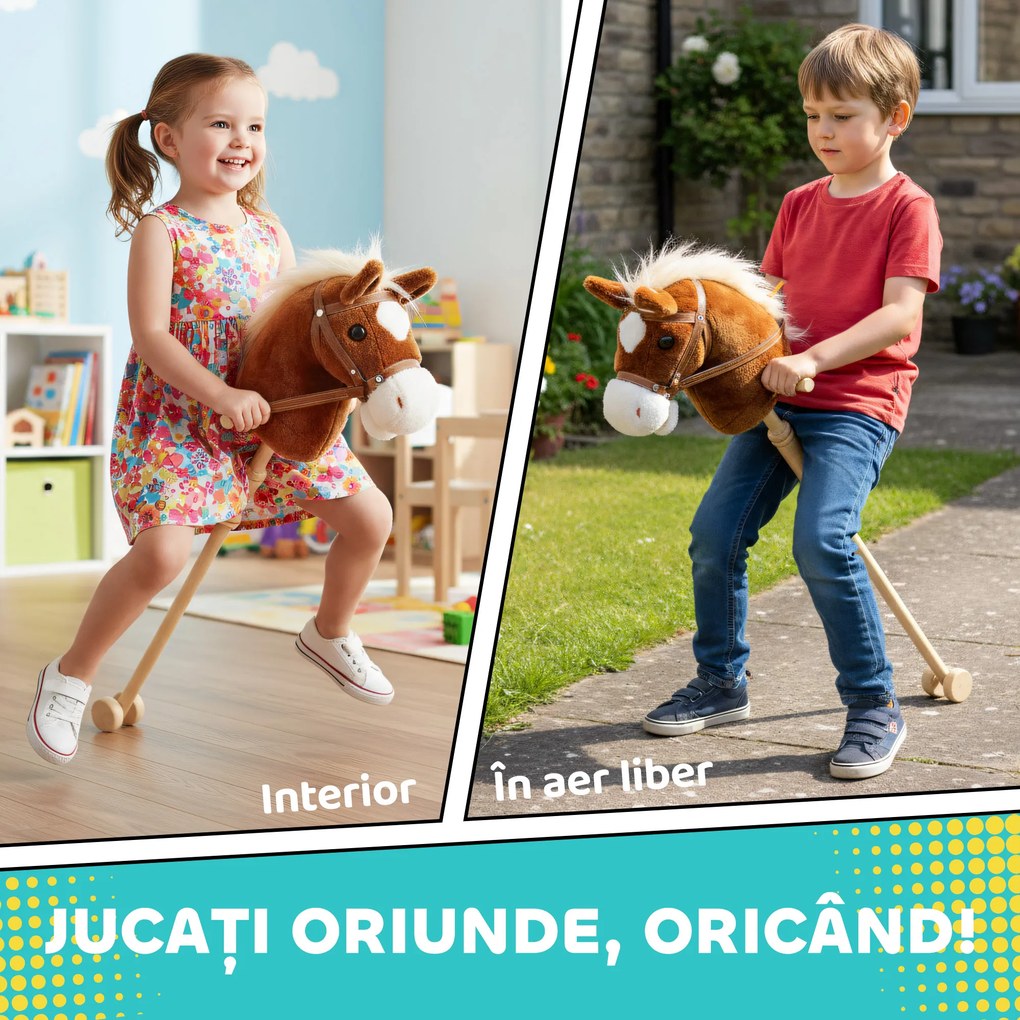 AIYAPLAY Cal de jucărie cu baston și sunete realiste pentru copii 24+ luni, Maro | Aosom Romania