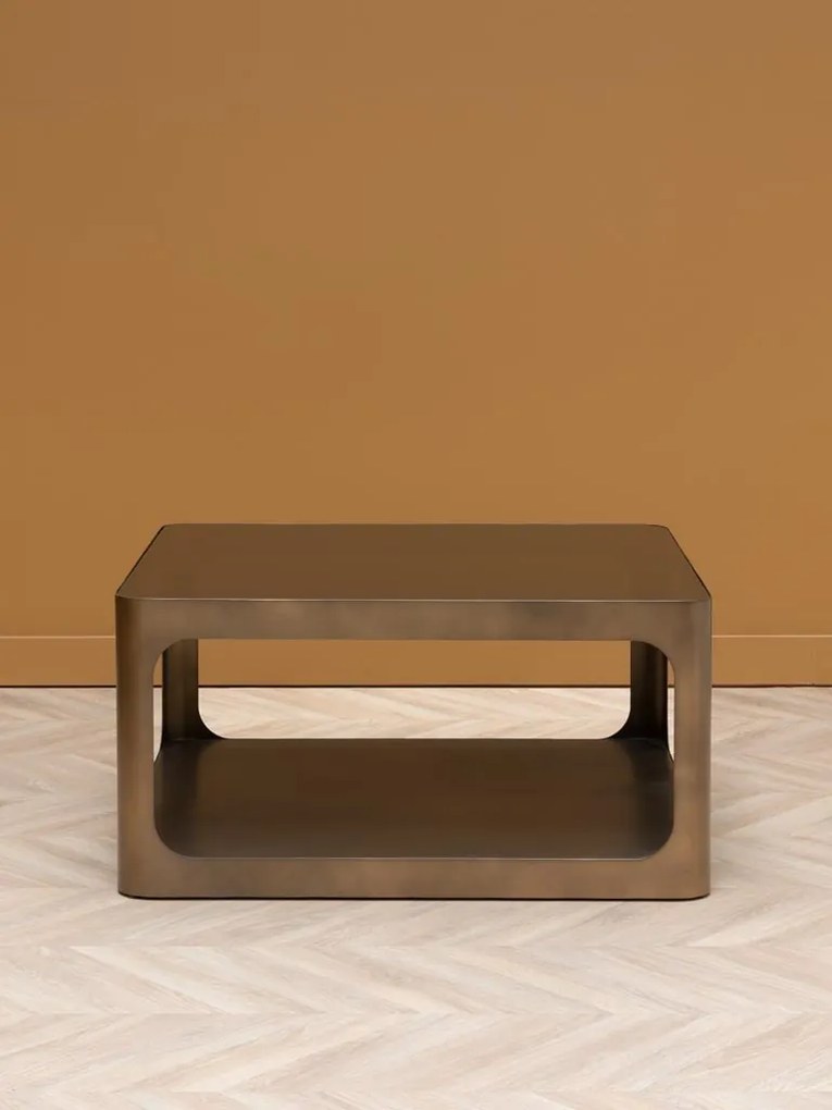 Măsuță de cafea metalică cu blat din sticlă, formă rotunjită, finisaj auriu antichizat, 90x90x45 cm, „Lexton"