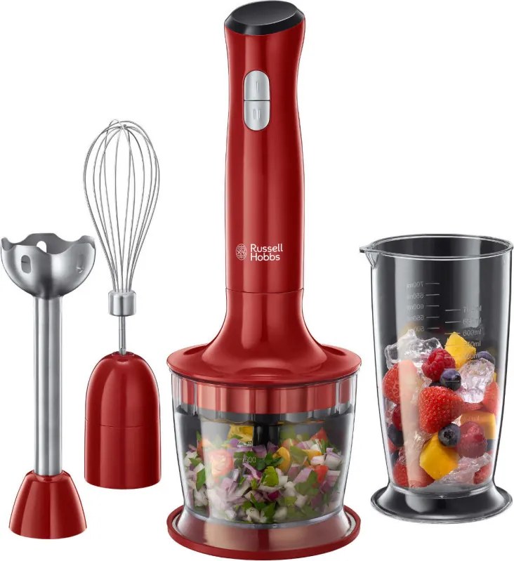 Resigilat: Blender, tocator si mixer 3in1 Russell Hobbs Desire 24700-56, 500W, 2 viteze + Puls, Tel, Tocator, Pahar Gradat, Functie pulse, Rosu