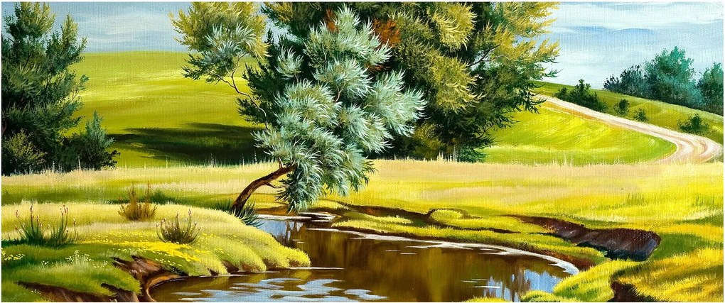 Tablou - Râu între câmpii, pictură în ulei (120x50 cm)