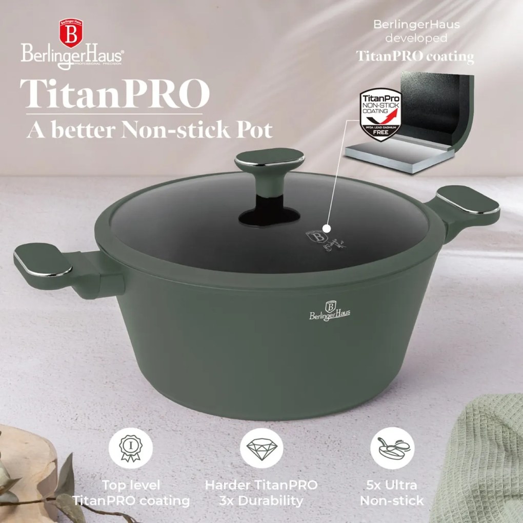 Oala aniaderenta cu interior titan 28 cm Green Matte Collection Berlinger Haus BH 8202