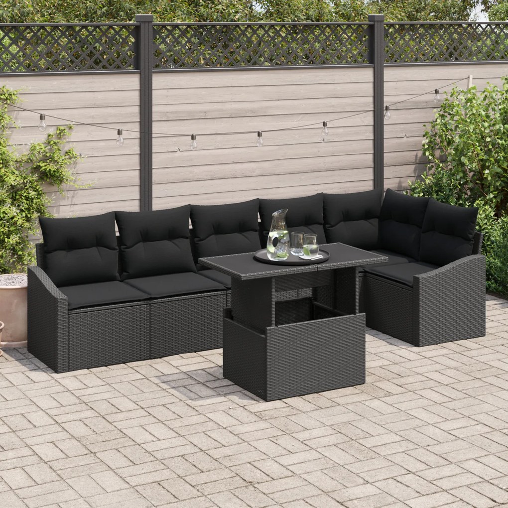 vidaXL Set canapea grădină 7 piese, cu perne, rattan negru lucios