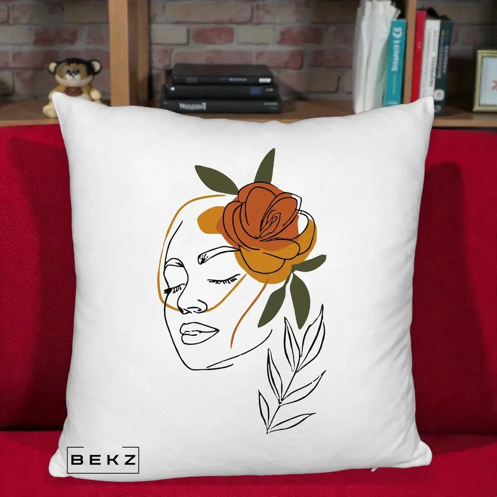 Perna Decorativa Portret Feminin Trandafir Ruginiu, 40x40 cm, Alb Pufos, Husa Detasabila, Perna Inclusa, BEKZ®