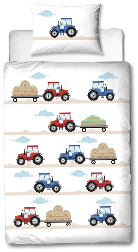 Lenjerie de pat flanelata pentru copii TRACTOR alba Dimensiune lenjerie de pat: 80 x 80 cm | 135 x 200 cm