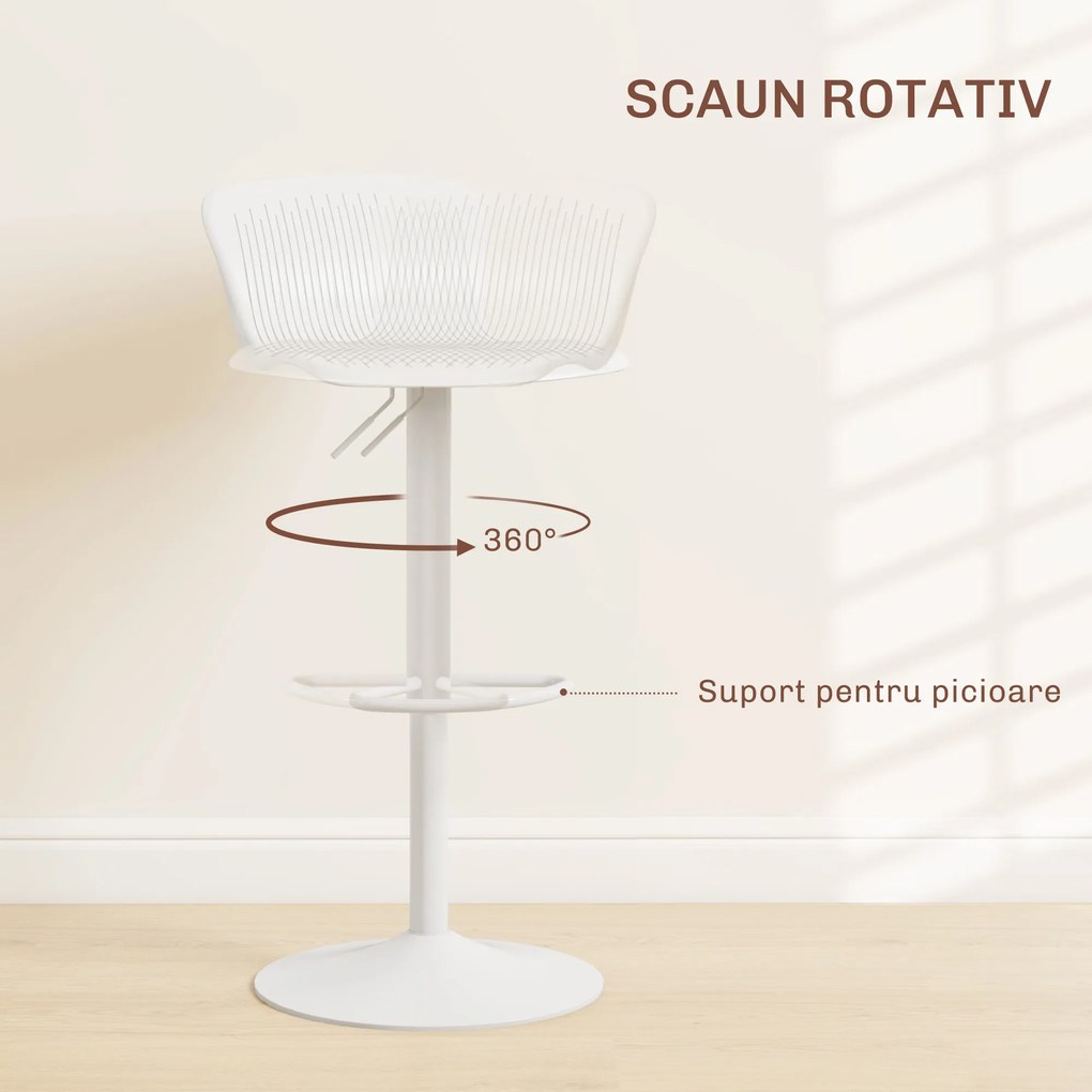 HOMCOM Set 2 Scaune de Bar cu Spătar Ergonomic,  Suport pentru Picioare și Șezut Rotativ, 38,5x40x76,5-97,5 cm, Alb | Aosom Romania