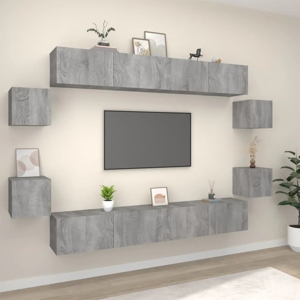 3114228 vidaXL Set dulap TV, 8 piese, gri sonoma, lemn prelucrat