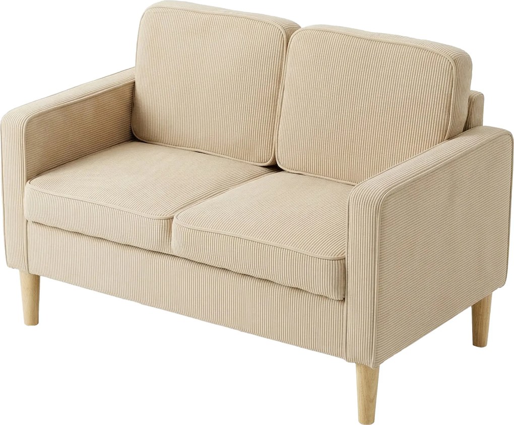 HOMCOM Canapea 2 locuri cu 2 perne decorative, depozitare, picioare din lemn masiv, loveseat mic modern, catifea côtelată, 117 x 63 x 79 cm, bej | Aosom Romania