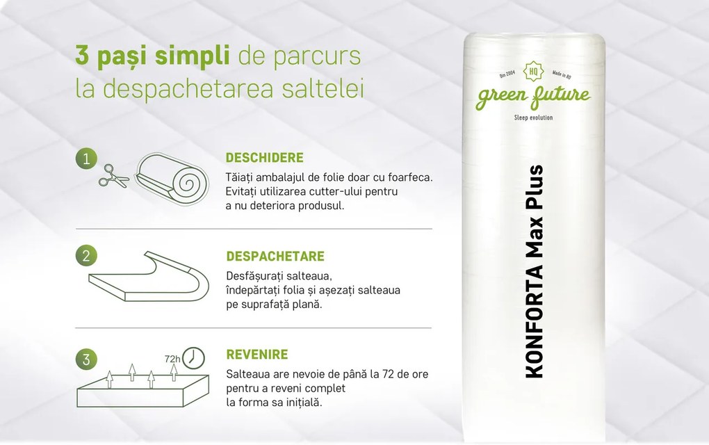 Saltea SuperOrtopedica Green Future KONFORTA Max Plus 25 cm, 140x200x25cm, Spuma poliuretanica elastica, Husa detasabila, lavabila, matlasata, hipoalergenica, Reversibila, Ferma