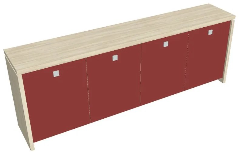 Dulap mic Verno 248 x 46 x 90 cm, uși de sticlă, salcâm / roșu