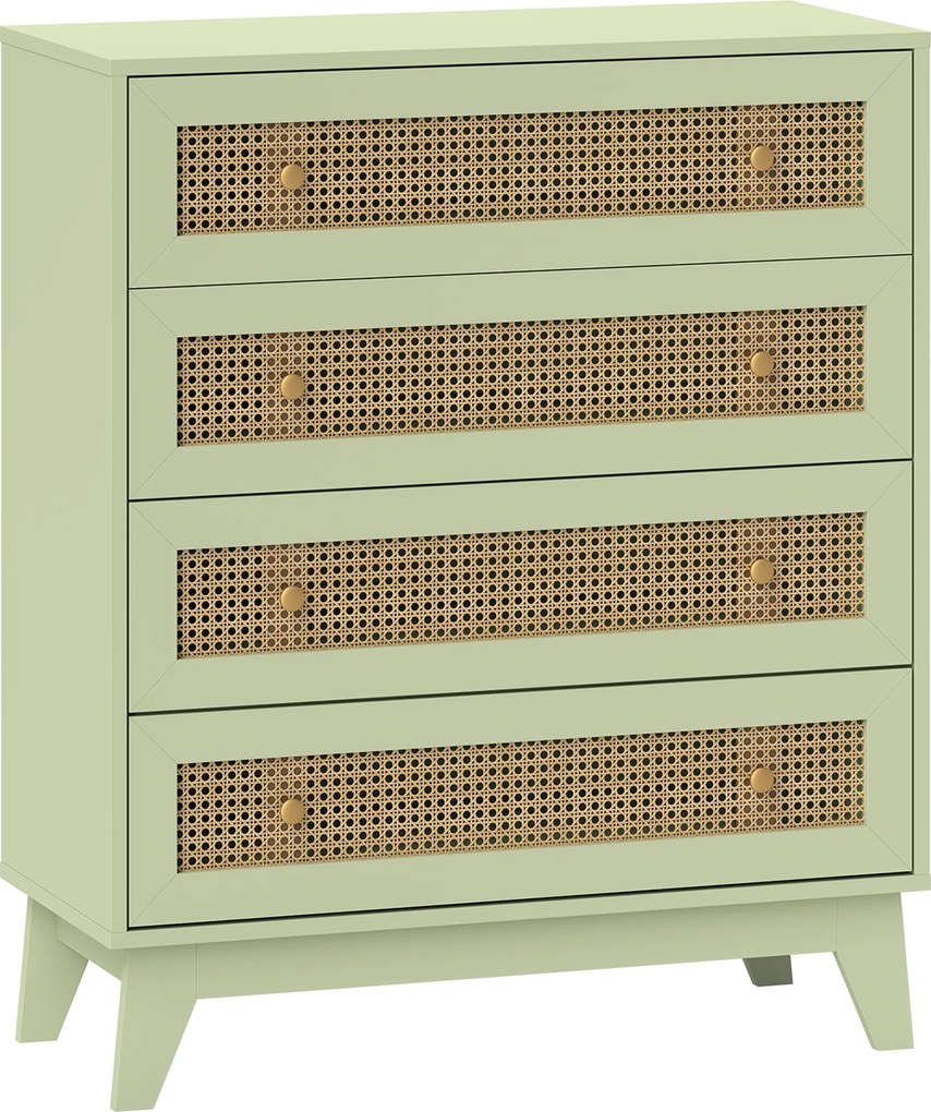 HOMCOM Comodă 4 sertare mobilier de depozitare cannage din ratan aspect lemn deschis 80 x 35 x 95 cm verde | Aosom Romania