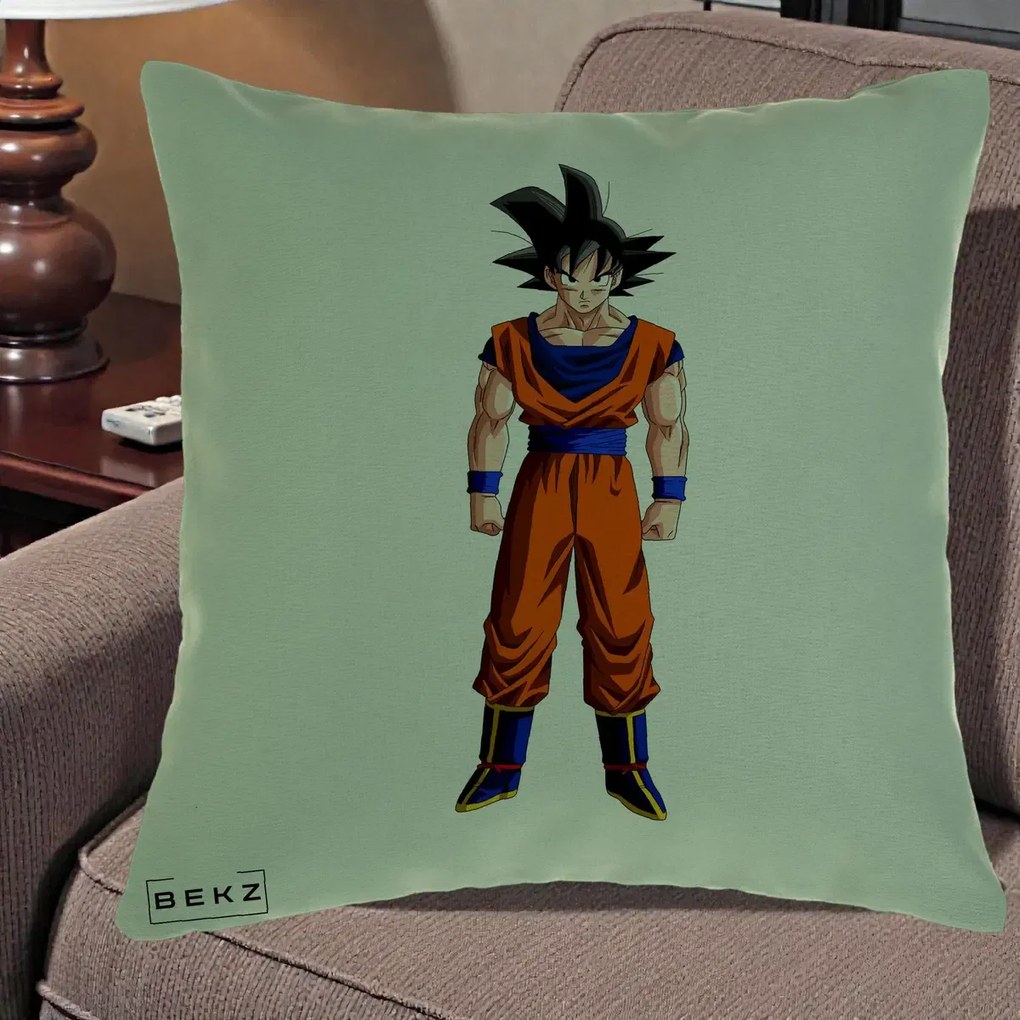Perna Personalizata Dragon Ball Goku Complet in Gi Portocaliu, 40x40 cm, Verde, Husa Detasabila, Perna Inclusa, BEKZ®