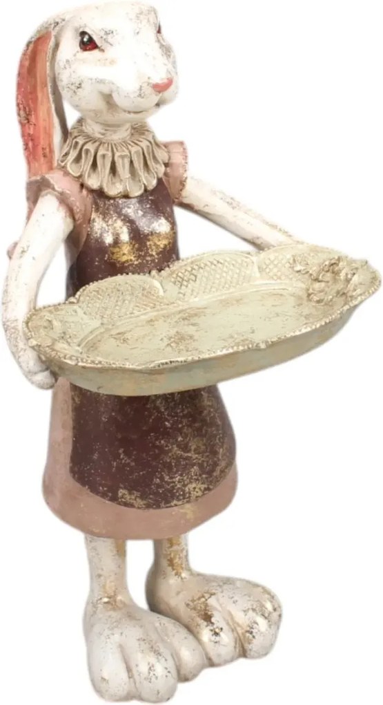 Statuetă decorativă din polirășină, multicolor, iepure în rochie cu tavă, finisaj antichizat, 27 x 14 x 14 cm, „Pâquerette”