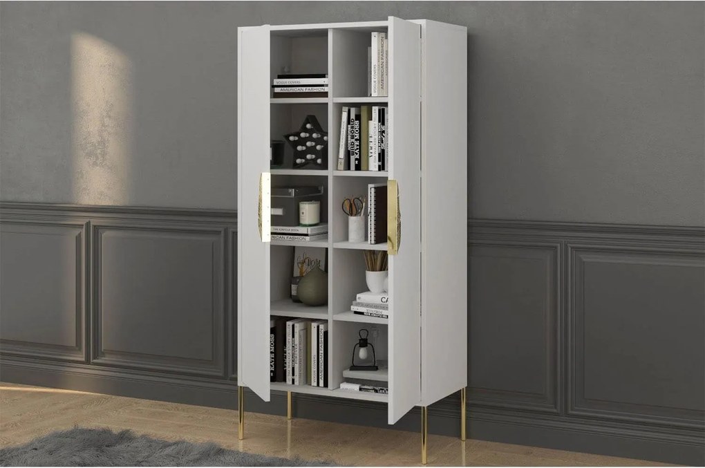 Dulap TV lemn masiv Merlin Personalizabilă Accesorii placate cu Aur, 80,1 × 40 × 160 cm - Alb