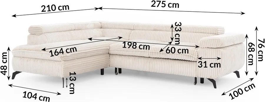 Colțar crem cu tapițerie din catifea reiată (cu colț pe partea stângă/în formă de ”L”) Marbeya – Ropez