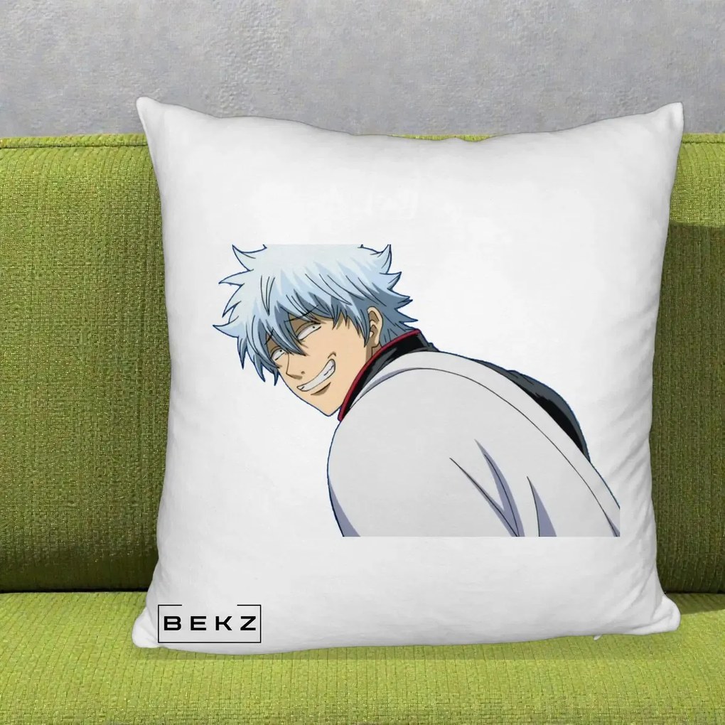 Perna Personalizata Gintama Gintoki Portret cu Zambet, 40x40 cm, Alb Pufos, Husa Detasabila, Perna Inclusa, BEKZ®