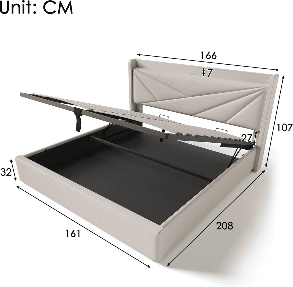 Pat dublu cu ladă de depozitare, funcție de încărcare USB Tip C, din bumbac și in, fără saltea, 160x200 cm, Bej