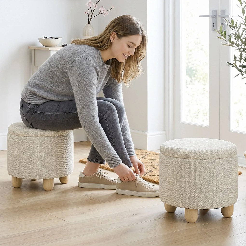 HOMCOM Taburet Rotund cu Spațiu de Depozitare, Capac, 19 L, Material Textil cu Aspect de Iută, 38,5x38,5x33,5 cm, Bej | Aosom Romania