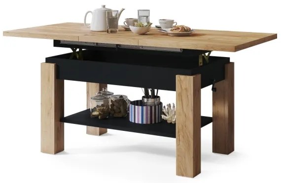 Masă extensibilă ADONIS cu poliță, stejar craft/negru, pentru living și dining