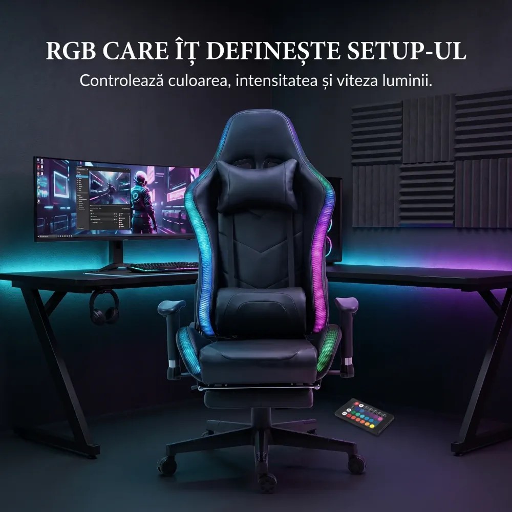 Scaun gaming cu sistem iluminare bandă LED RGB, masaj în perna lombară, suport picioare, funcție șezlong, 90-180 grade, piele ecologica Premium, Negru