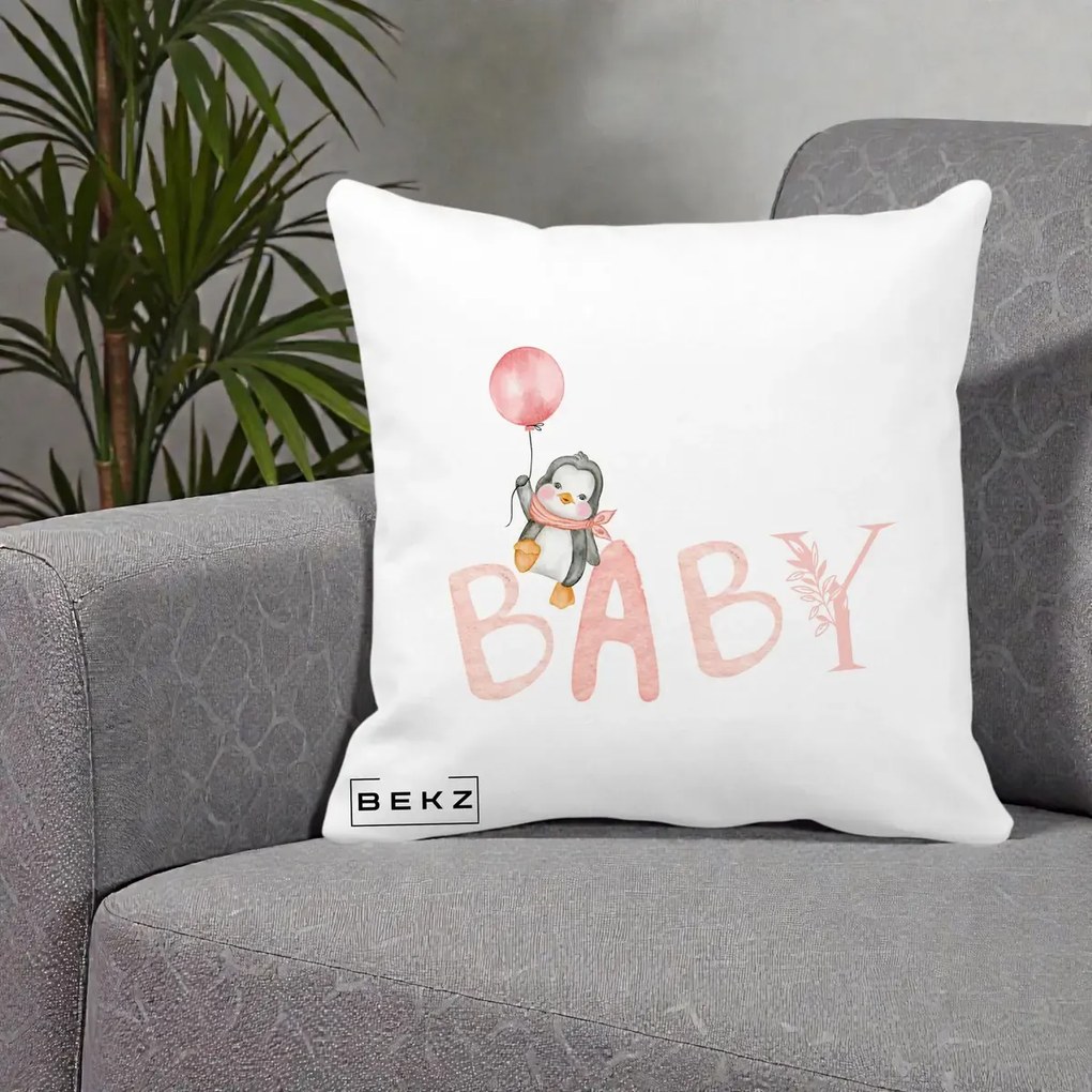 Perna Personalizata Baby Pinguin Roz, 40x40 cm, Alba Mata, Husa Detasabila, Perna Inclusa, BEKZ®