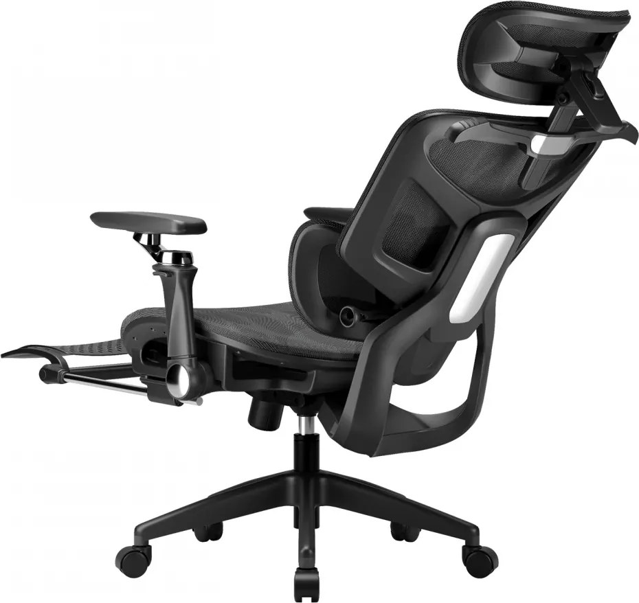 Scaun ergonomic, translatie sezut, cotiere 6D, tetiera 3D, suport lombar reglabil, pivotant, suport pentru picioare, Negru