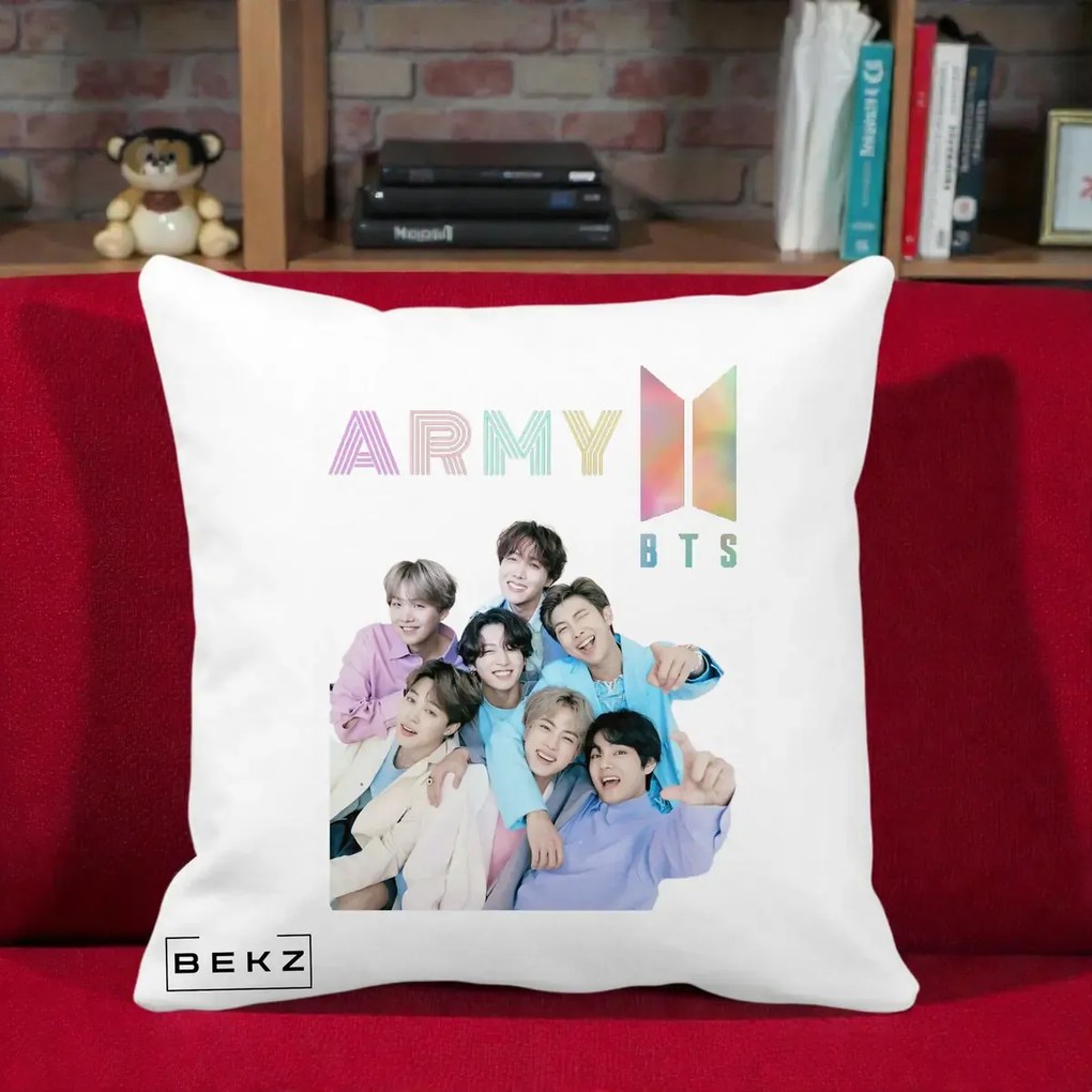 Perna Personalizata K-pop BTS ARMY Fotografie Grup Veseli, 40x40 cm, Alba Mata, Husa Detasabila, Perna Inclusa, BEKZ®
