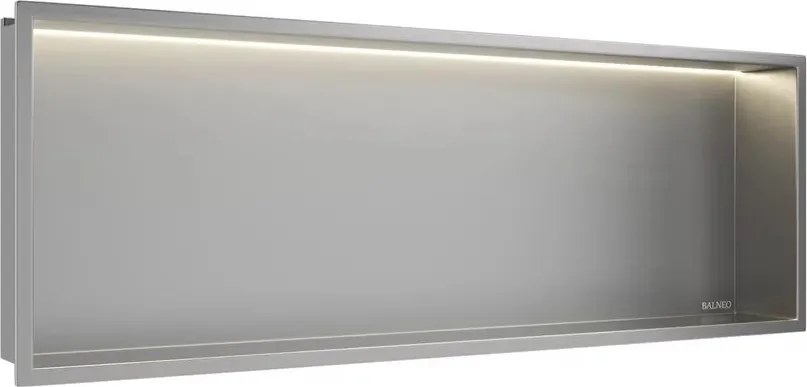 Raft incastrat dreptunghiular Balneo Wall-Box One LED cu rama 90x30x10 cm inox