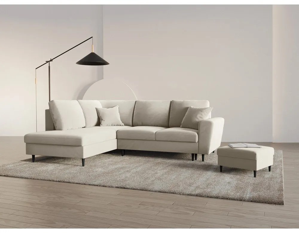 Colțar bej extensibil, cu spațiu de depozitare cu tapițerie din catifea (cu colț pe partea stângă-în formă de ”L”) Kyoto – Cosmopolitan Design