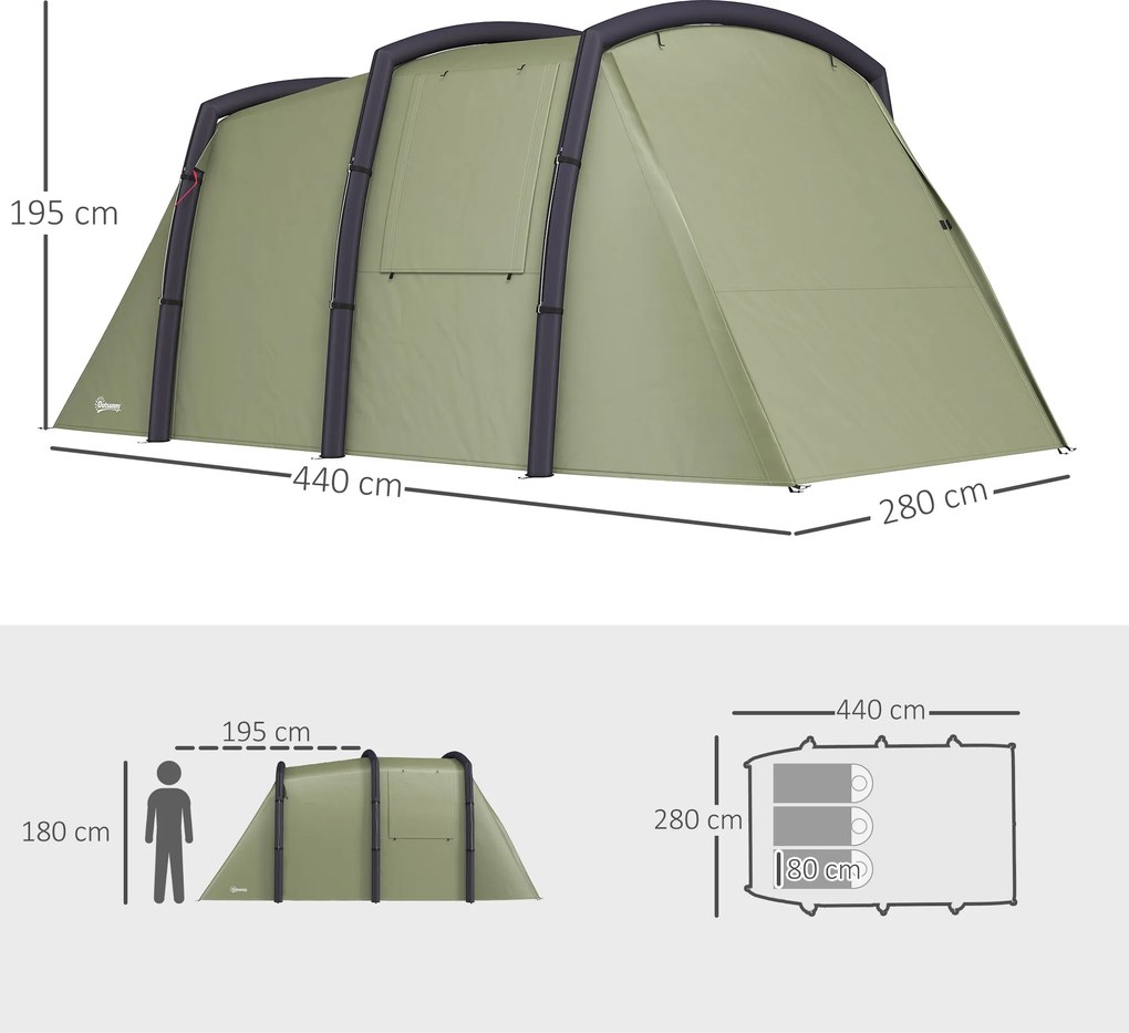 Outsunny Cort Gonflabil Tip Tunel pentru 3-6 Persoane cu Pridvor, Ferestre din Plasă și Husă, Impermeabil, Verde Măsliniu | Aosom Romania