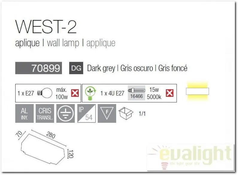 Aplica de perete exterior IP54 West -2 70899