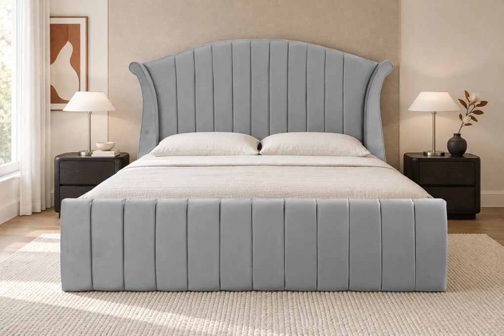 Pat tapițat din catifea Sorella Simple Line 160×200 cm, gri deschis, cu ladă de depozitare