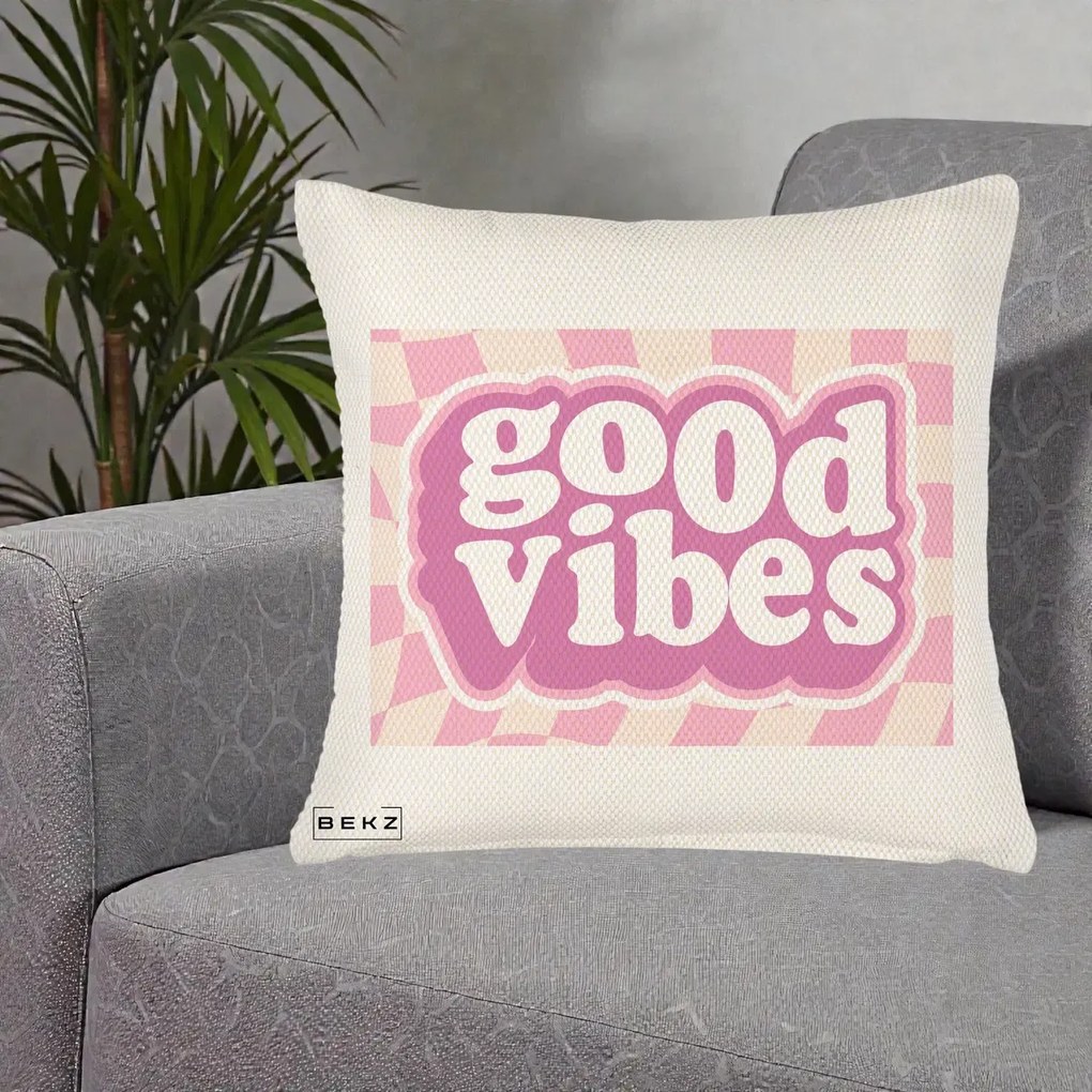 Perna Decorativa Good Vibes Retro Roz, 40x40 cm, Crem Reliefat, Husa Detasabila, Perna Inclusa, BEKZ®