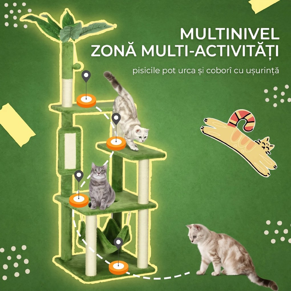 PawHut Copac Pisici 142cm cu Hamac Stâlp Zgârieturi Minge Verde 49x49x142cm | Aosom Romania