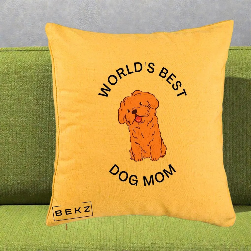 Cadou pentru Iubitorii de Caini - Perna Personalizata World's Best Dog Mom, 40x40 cm, Galben, Husa Detasabila, Perna Inclusa, BEKZ®