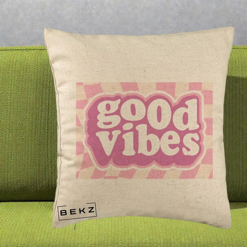 Perna Decorativa Good Vibes Retro Roz, 40x40 cm, Bej, Husa Detasabila, Perna Inclusa, BEKZ®