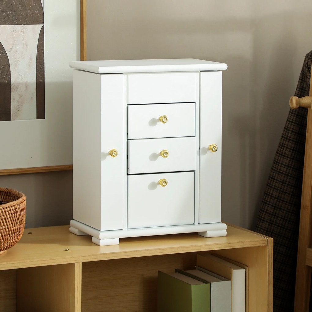 HOMCOM Cutie de bijuterii pentru femei cu 4 nivele, cutie din lemn cu aripi, oglindă și 2 sertare, 26,5x16 x33,5 cm, Alb | Aosom Romania