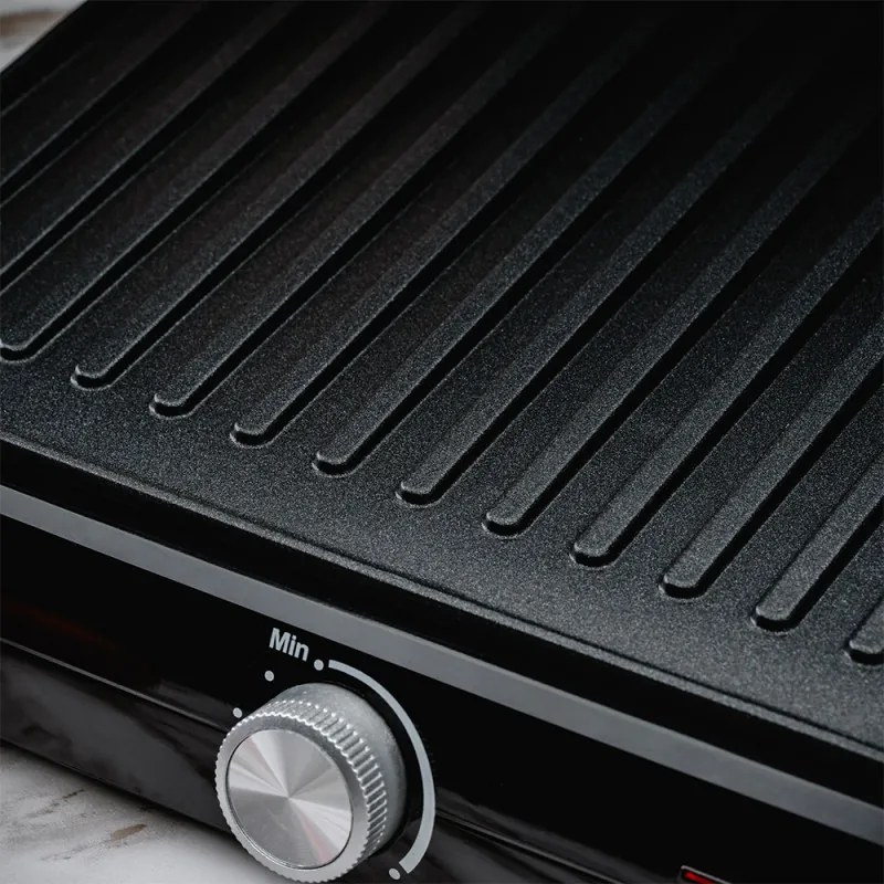 Gratar electric Rosberg R51442M, 2000W, Placi antiaderente-29x23 cm, Deschidere 180°C, Inox/Negru