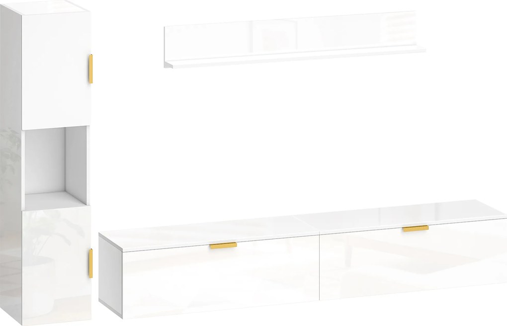 HOMCOM Mobilier TV suspendat cu uși rabatabile Centru entertainment Raft de perete Dulap 180 cm Alb lucios | Aosom Romania