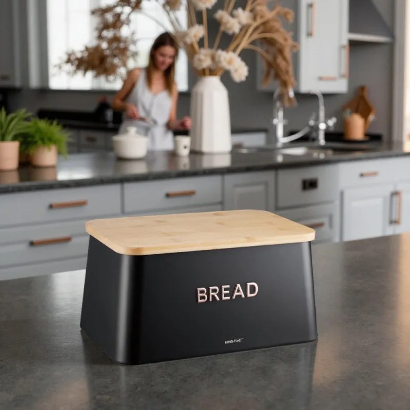 Cutie de paine cu capac pentru taiere Kinghoff KH-1948, 35 cm, Bambus, Otel, Negru