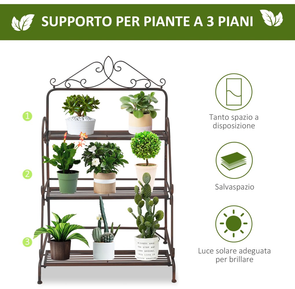 Jardiniera de Exterior Outsunny cu 3 Niveluri pentru Ornamente, Raft pentru Plante de Gradina din Metal, 60,5x59,5x95,5cm, Maro