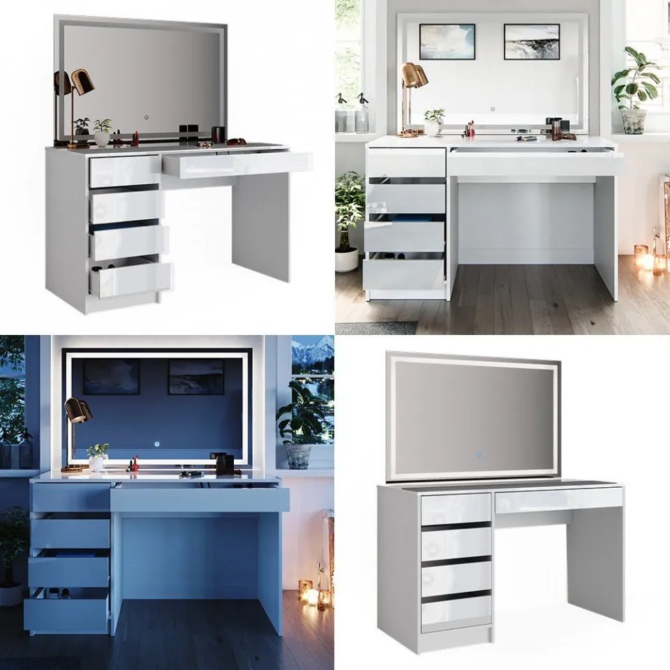 Masuta machiaj cu Oglinda LED si 5 Sertare pentru Cosmetice, Set Masa toaleta 120 cm, Alb Lucios, masuta cosmetica, vanity - SEA902