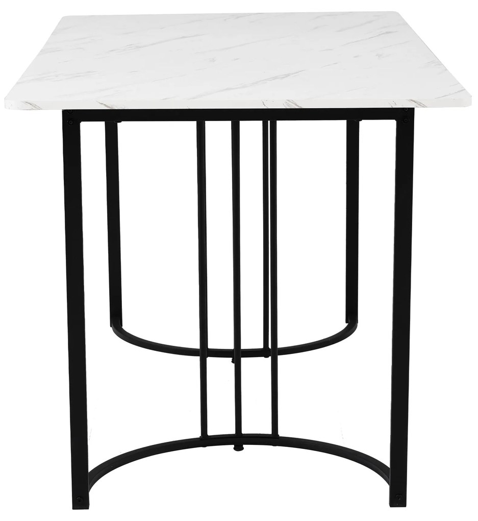 Masă de prânz modernă 140 x 80 cm, cu model de marmură, structură din metal, pentru sufragerie și living, Alb+Negru