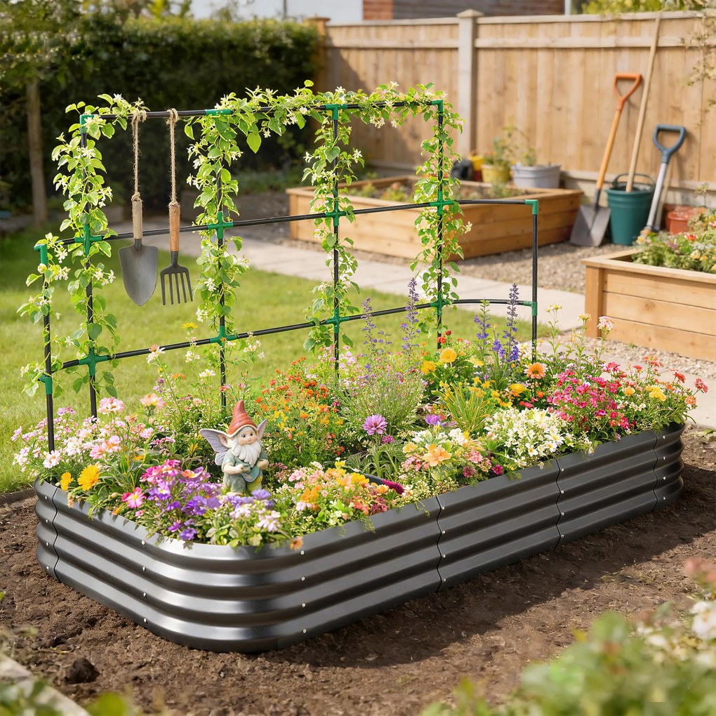 Outsunny Jardiniere Ridicate din Metal cu Grilaj, Pat de Grădină Înălțat cu Fund Deschis, Mănuși și Grilaj pentru Plante Cățărătoare, Legume și Flori, 220x110x150 cm, Gri Închis | Aosom Romania