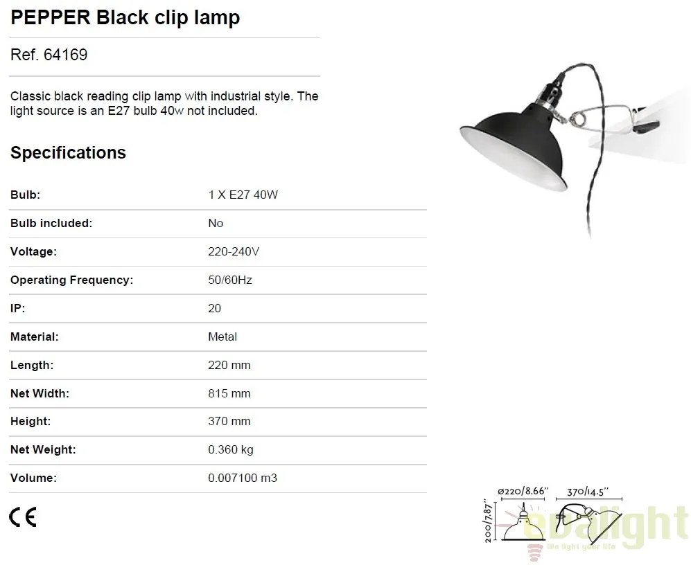 Lampa cu clips design Industrial Style PEPPER negru 64169