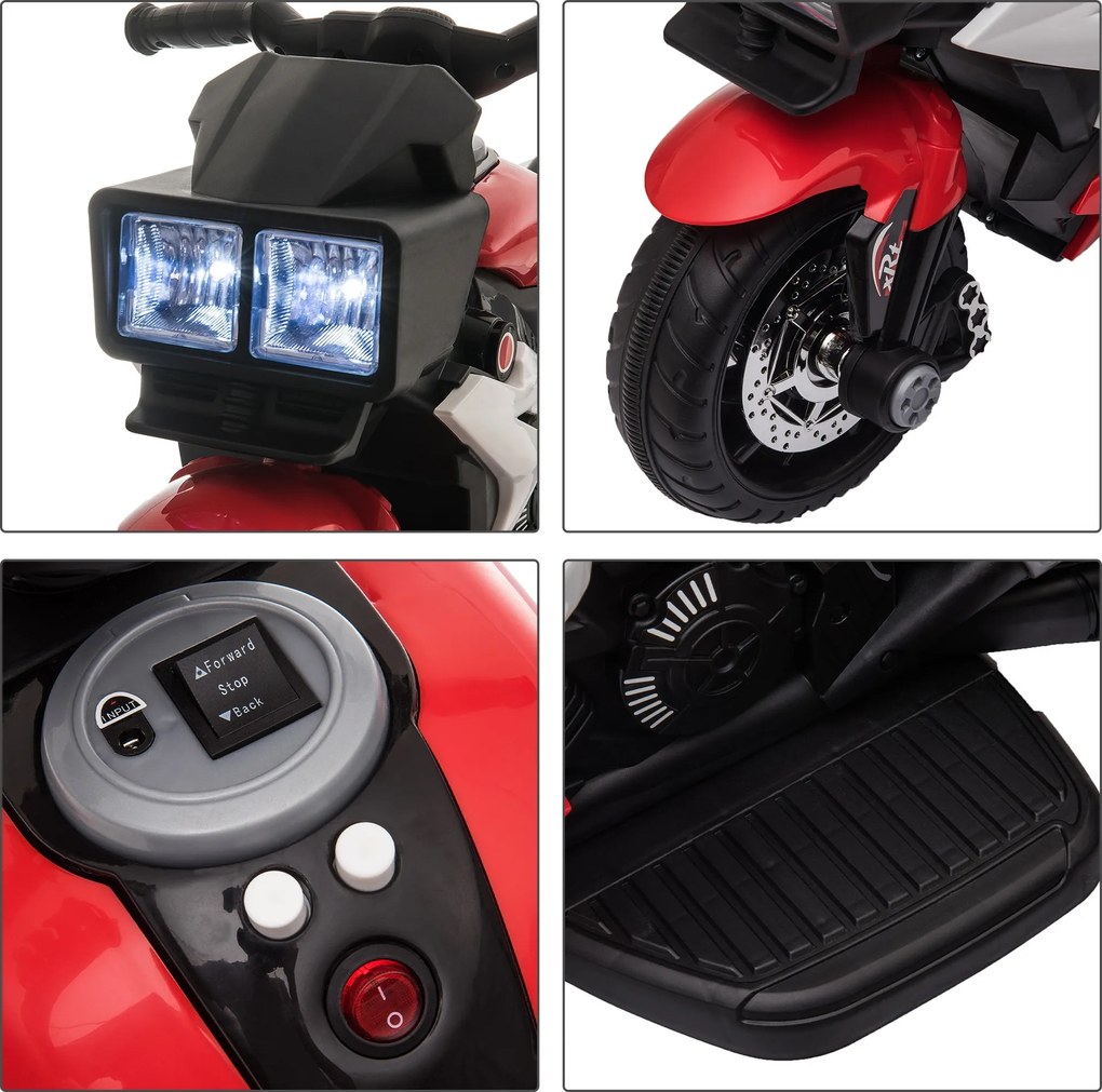 Motocicleta Electrica pentru Copii 3-5 Ani (max. 25kg) cu 3 Roti, Lumini si Sunete, Bateria 6V, Rosu, 86x42x52cm HOMCOM | Aosom Romania