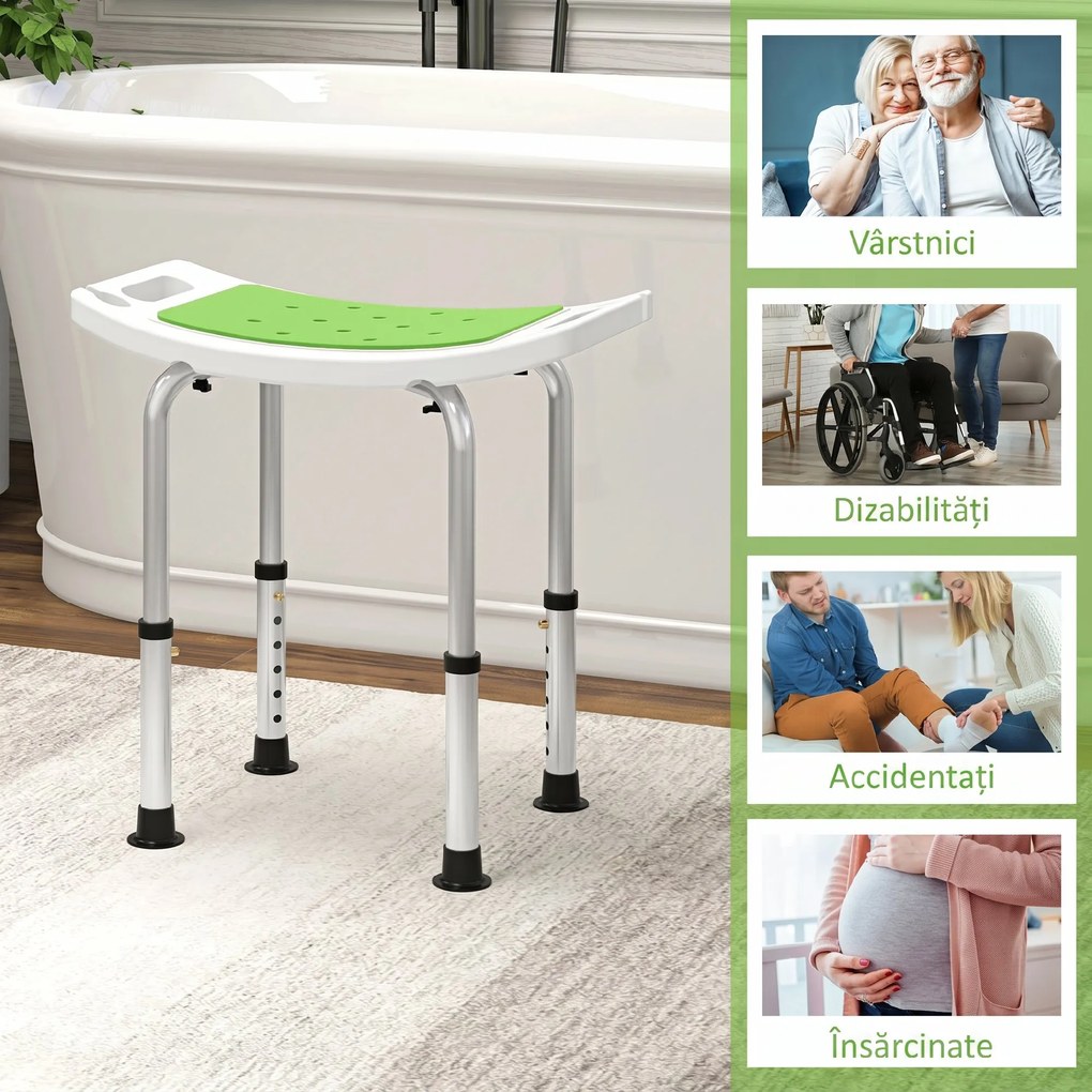 HOMCOM Taburet pentru Duș din Aluminiu și Plastic Antiderapant, Reglabil 6 Niveluri 39-52cm, Verde | Aosom Romania