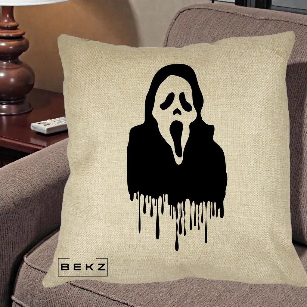 Perna Personalizata Halloween Ghostface Scream Picurand, 40x40 cm, Crem, Husa Detasabila, Perna Inclusa, BEKZ®