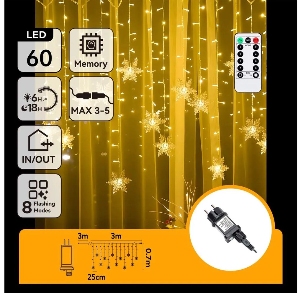 Aigostar - Instalație LED de exterior pentru Crăciun 120 LED/6W/230V/8 funcții/3x0,7 m/IP44/alb cald + telecomandă