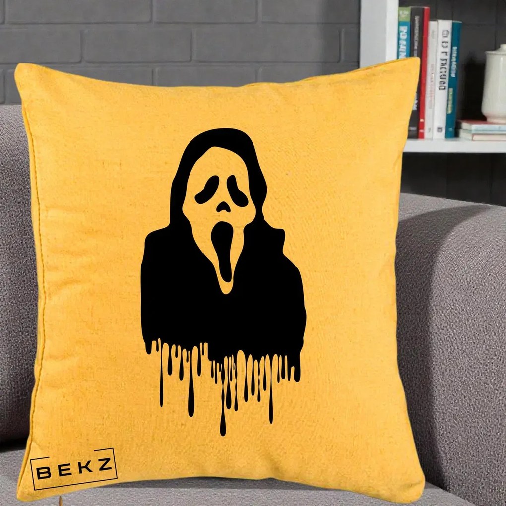 Perna Personalizata Halloween Ghostface Scream Picurand, 40x40 cm, Galben, Husa Detasabila, Perna Inclusa, BEKZ®